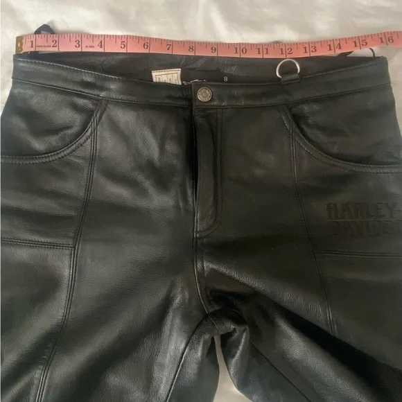 Women’s Harley Davidson Lined Leather Pants tribal Appliqué/Zippers at bottom. 8 - Picture 11 of 13